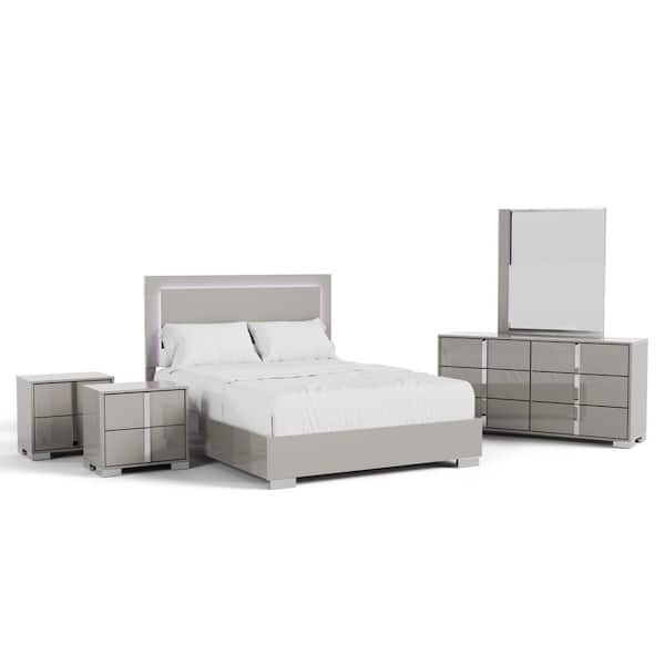 Mesala 5-Piece Taupe Gray Wood Frame Queen Panel Bedroom Set with LED Light on Headboard, Chrome Accents and Legs