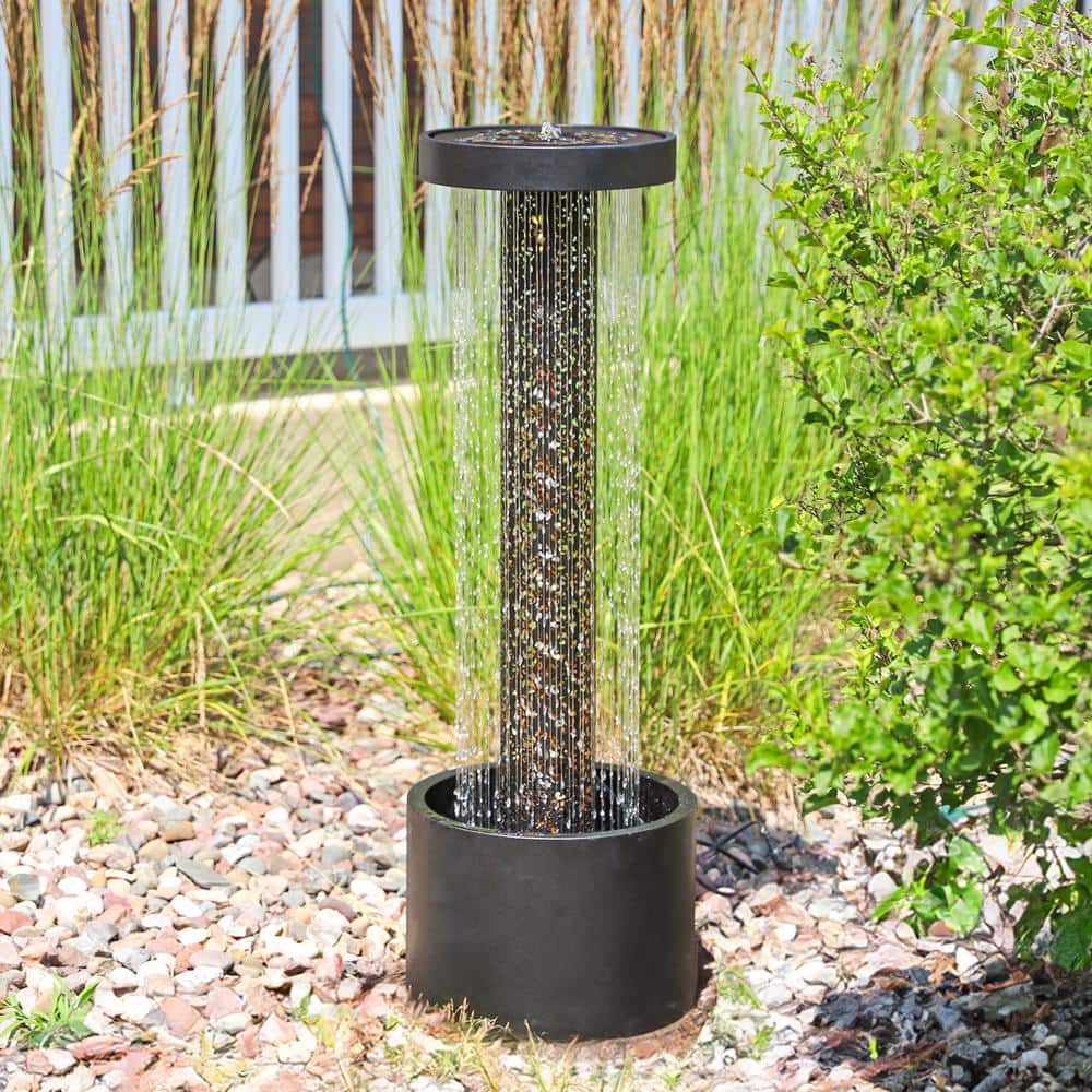 Tall Black Zinc Outdoor Water Fountain with Warm White LED Lights