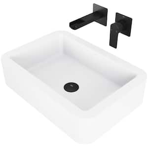 Matte Stone Petunia Composite Rectangular Vessel Bathroom Sink in White with Faucet and Pop-Up Drain in Matte Black