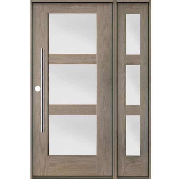 Krosswood Doors Faux Pivot 50 in. x 80 in. 3-Lite Right-Hand/Inswing Satin Glass Oiled Leather Stain Fiberglass Prehung Front Door W/RSL