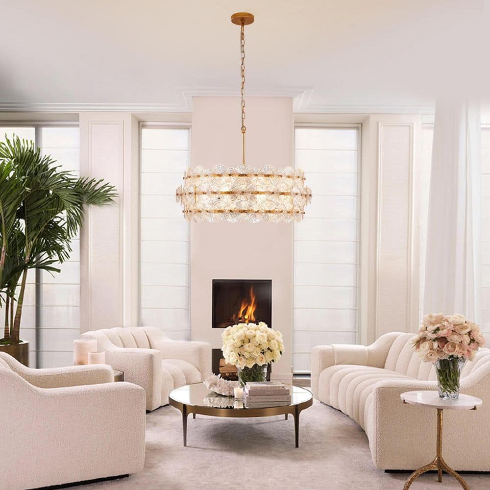 Gold Drum Chandelier with Hand-Made Glass Discs