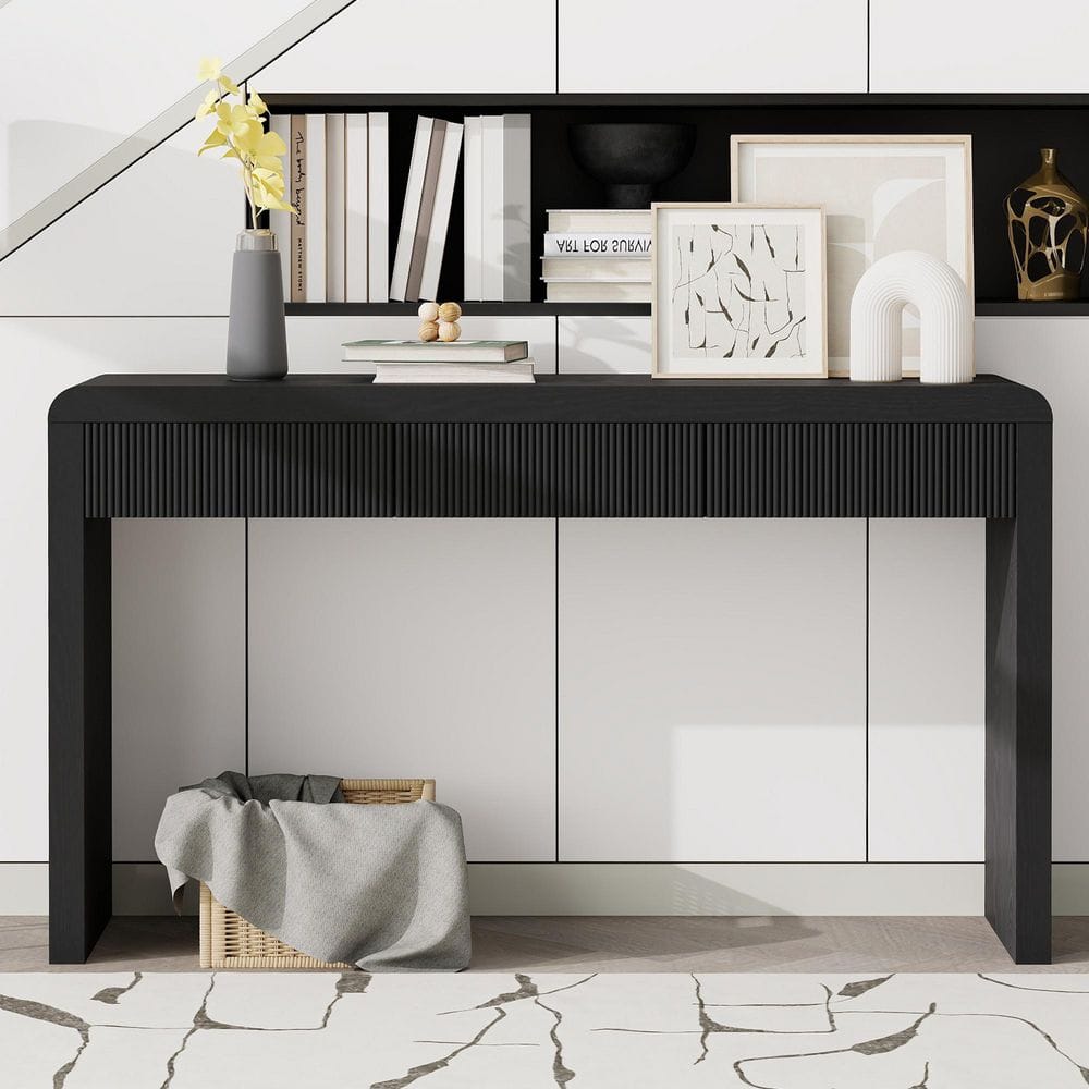 Polibi 55.10 in. Black Rectangle MDF Wood Console Table with 3-Fluted ...