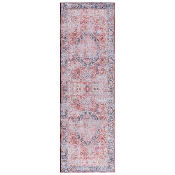 SAFAVIEH Tucson Rust/Navy 3 ft. x 8 ft. Machine Washable Distressed Medallion Floral Border Runner Rug