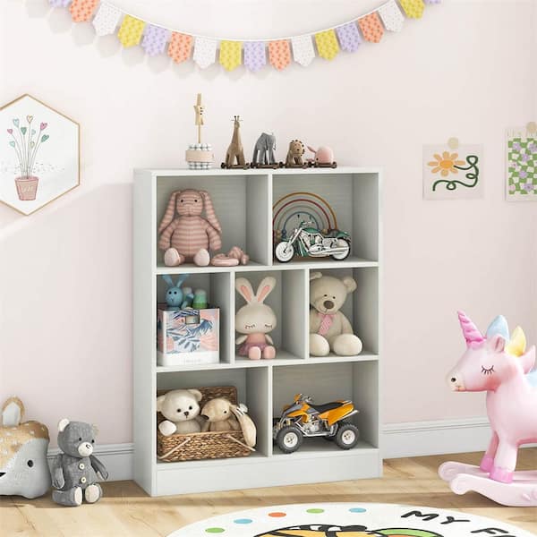 Costway 41 in. Wide White Wooden Freestanding 7 Shelves Kids