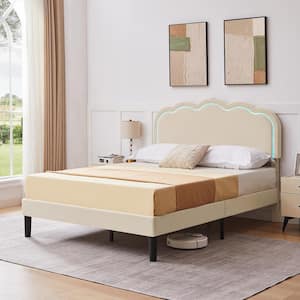 Upholstered Bed Beige Metal Frame Full Platform Bed with Adjustable Charging Station Headboard and LED Lights Bed Frame