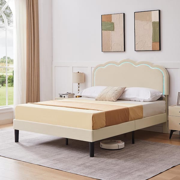 VECELO Upholstered Bed Beige Metal Frame Full Platform Bed with Adjustable Charging Station Headboard and LED Lights Bed Frame