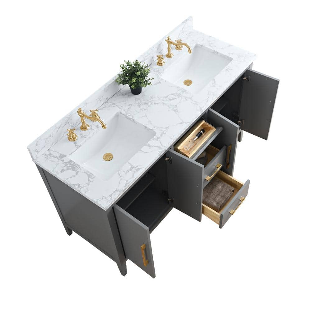 60" Cashmere Gray Double Sink Vanity with Gold Hardware and Marble Top