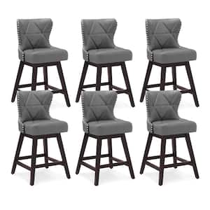 Hampton 26 in. Dark Gray Solid Wood Frame Counter Stool with Back Faux Leather Upholstered Swivel Bar Stool Set of 6