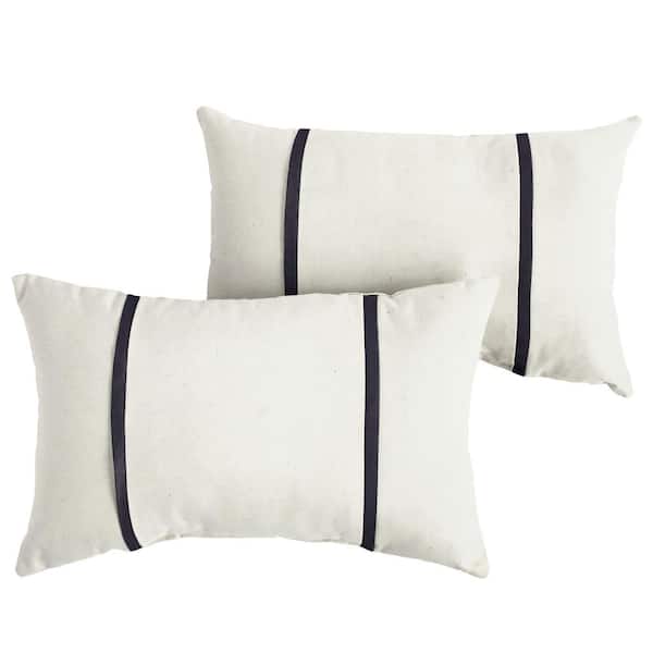 SORRA HOME Sunbrella Ivory with Navy Blue Rectangular Outdoor Knife Edge Lumbar Pillows (2-Pack)