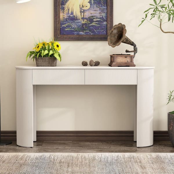 54 in. Champagne White Oval MDF Console Table with 2-Drawers and Curved Legs