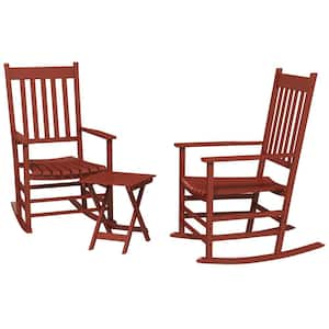 3 Pieces Red Wood Outdoor Rocking Chair with Side Table with Smooth Armrests and High Back for Garden Balcony Porch