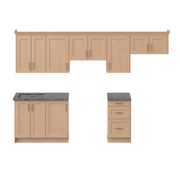 Lakewood 122 in. W x 84.5 in. H x 24 in. D Sugar Cookie Assembled Base 10 ft. Straight Kitchen Cabinet Bundle