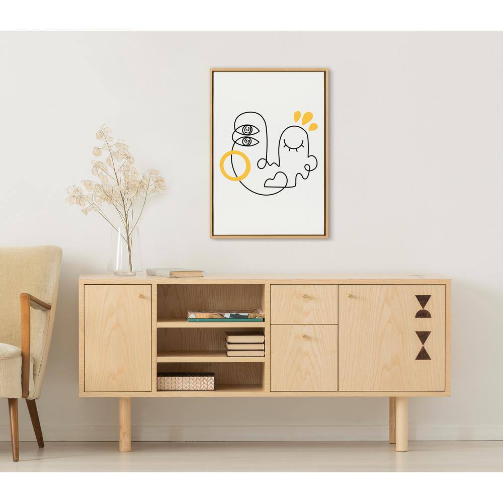 Abstract Black and Yellow Line Drawing on Canvas with Natural Frame