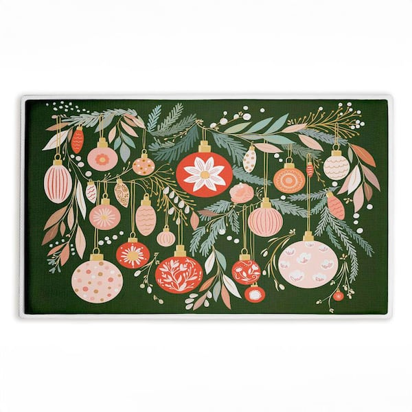 Holiday Florals & Ornament Shapes 18 in. x 30 in. Green Floral Polyester Blend Rectangle Bath Mat