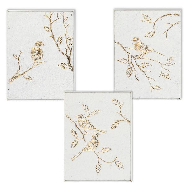 Lone Elm Studios 16 in. H White and Gold Metal Bird Wall Art (Set of 3)