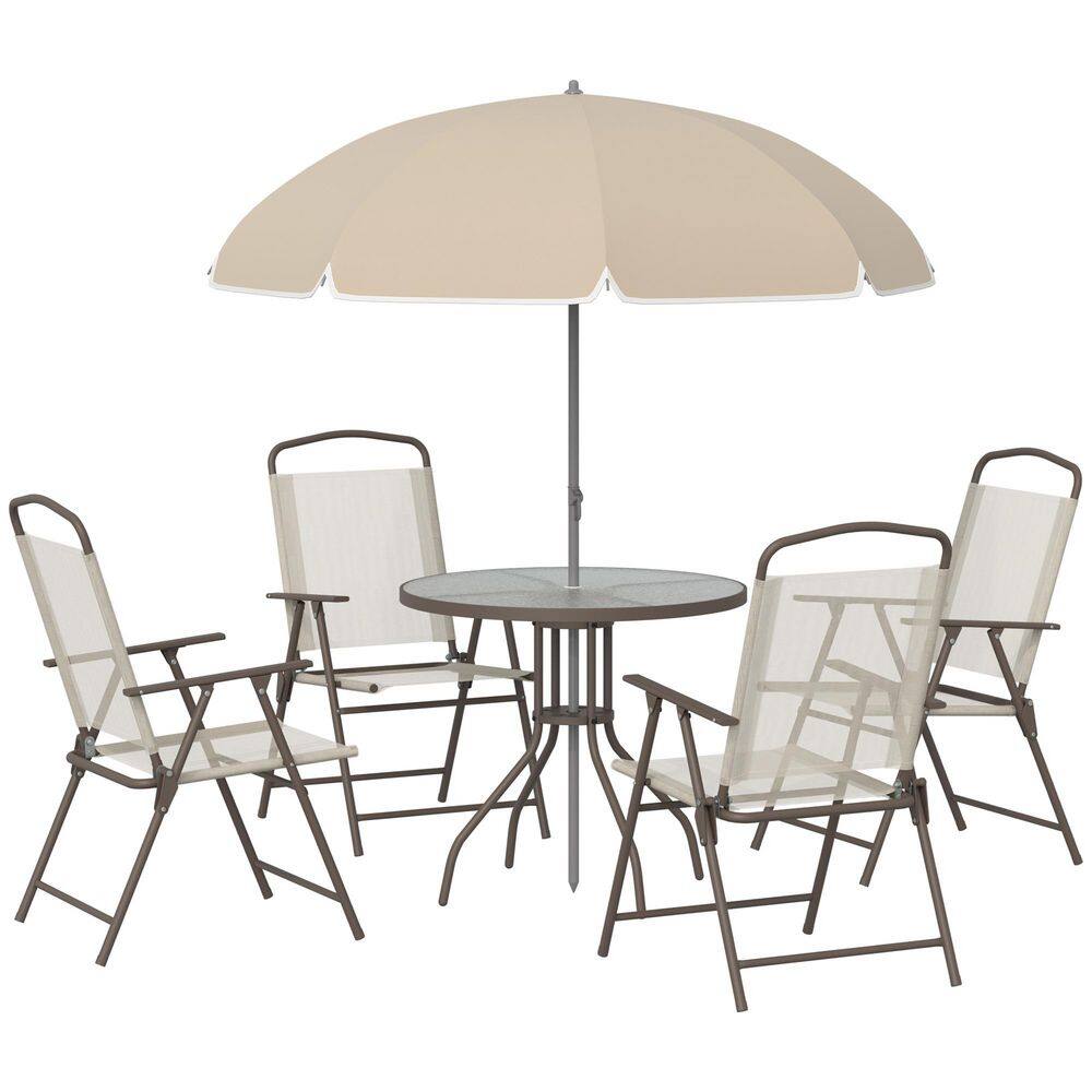 Beige 6-Piece Metal Patio Dining Set with Umbrella, 4 Folding Dining Chairs and Round Glass Table price history on PriceWatchPro