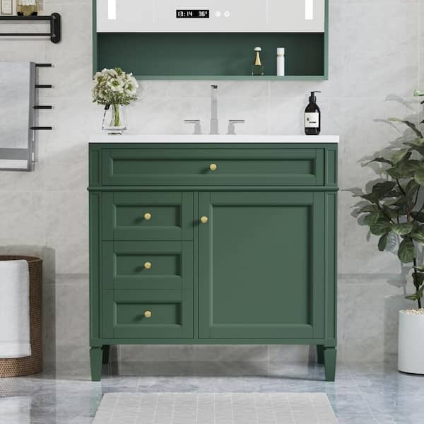 Qualler 36 in. W x 18 in. D x 33 in. H Single Sink Freestanding Bath Vanity in Green with White Resin Top