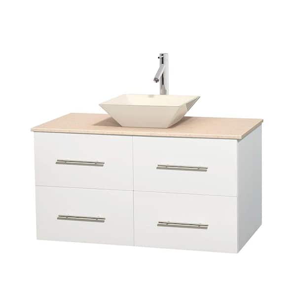 Wyndham Collection Centra 42 in. Vanity in White with Marble Vanity Top in Ivory and Bone Porcelain Sink
