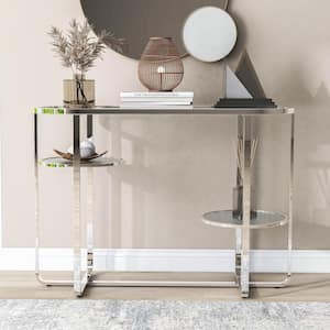 Thaler 42 in. Chrome and Clear Oval Glass Console Table with 2 Shelves