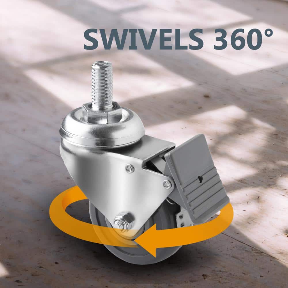 Silver Heavy Duty Swivel Stem Caster Wheels with Brake, 2-3/8 Inch