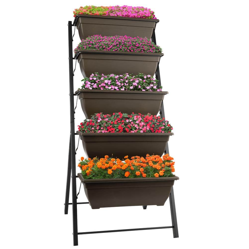Brown 5-Tier Vertical Outdoor Planter with Steel Frame