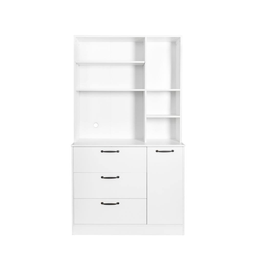 White Wood Pantry Organizer Kitchen Cabinet with Drawers and Open ...