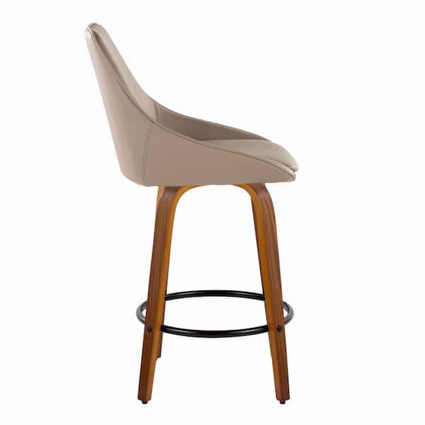 Diana 26 in. Walnut Wood and Brown Faux Leather with Round Black Metal Footrest Fixed-Height Counter Stool (Set of 2)