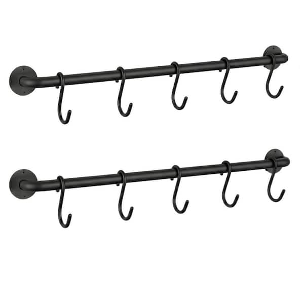 2-Pack 16.5 in. Black Hanging Pot Rack Rail with 10 S Hooks, Wall Mounted Pan Pot Hanger