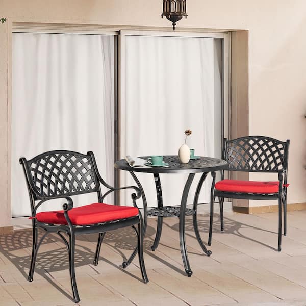 Nuu Garden Black with Gold-Painted Edges 3-Piece Cast Aluminum Outdoor Bistro Set with Red Cushions and Umbrella Hole