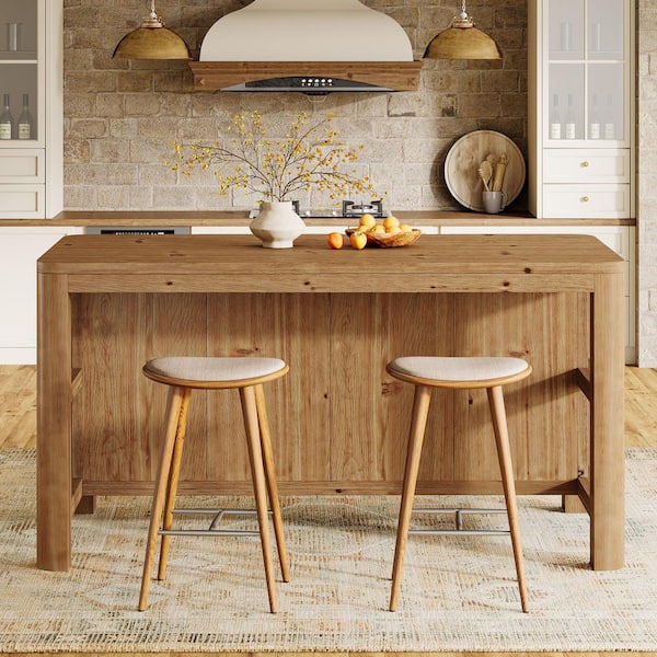 Natrual Brown Solid Wood 63 in. Stationary Kitchen Island Table, Farmhouse Counter Height Bar Table with Storage Shelves