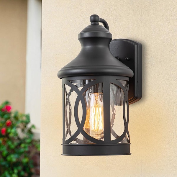 1-Light Matte Black Outdoor Hardwired Wall Lantern Sconce with Seeded Glass Shade, No Bulbs Included