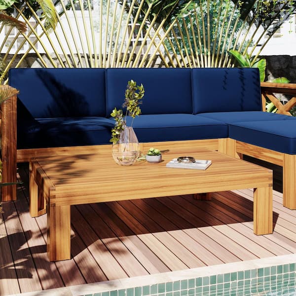 Unbranded 5-piece Teak Outdoor patio Sectional sofa reception furniture set with wooden coffee table and blue Cushions
