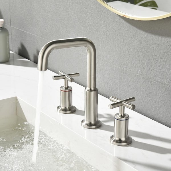 Brass 8 in. Widespread Double Handle Bathroom Faucet with Water Supply Hoses and Quick Connected Hose in Brushed Nickel