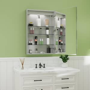 24 in. W x 36 in. H Rectangular Silver Aluminum Recessed/Surface Mount Left Medicine Cabinet with Mirror, LED and Clock