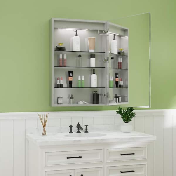 24 in. W x 36 in. H Rectangular Silver Aluminum Recessed/Surface Mount Left Medicine Cabinet with Mirror, LED and Clock