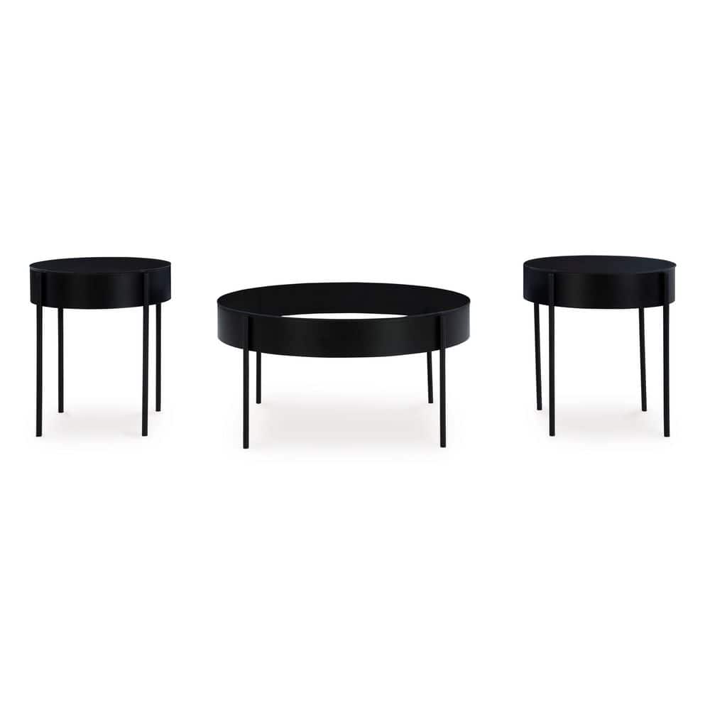 Black Metal and Glass Round Coffee Table Set