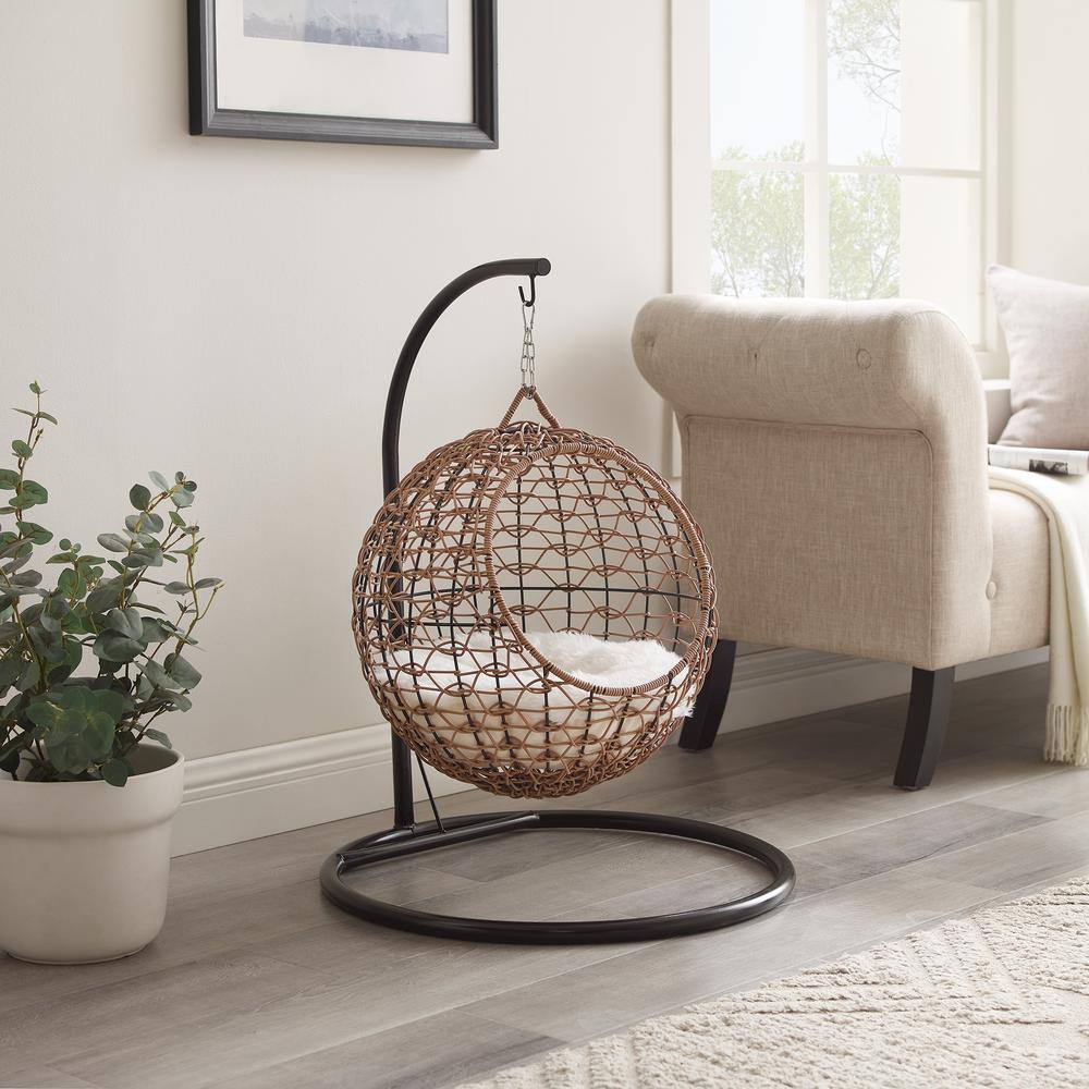 Medium Brown Rattan Hanging Egg Cat Condo with Cotton Cushion