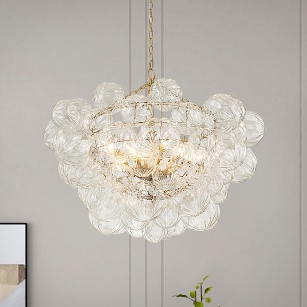 Neuvy 33 in.W 8-Light Brushed Gold Cluster Chandelier with Petal Ribbed Glass Shades for Staircase and Living Room