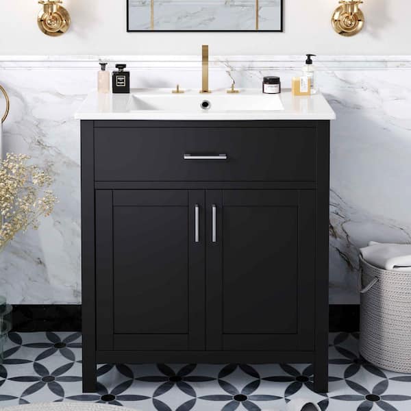 30 in. W Single Sink Freestanding Bath Vanity in Black with White Ceramic Top, 1 Drawer, 2 Doors and Shelf