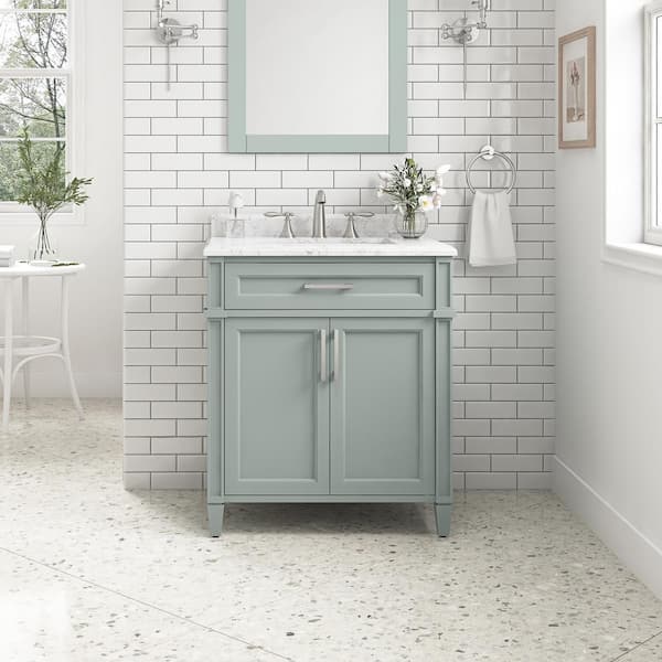 Home Decorators Collection Caville 30 in. W x 22 in. D x 34 in. H Single Sink Bath Vanity in Sage Green with Carrara Marble Top