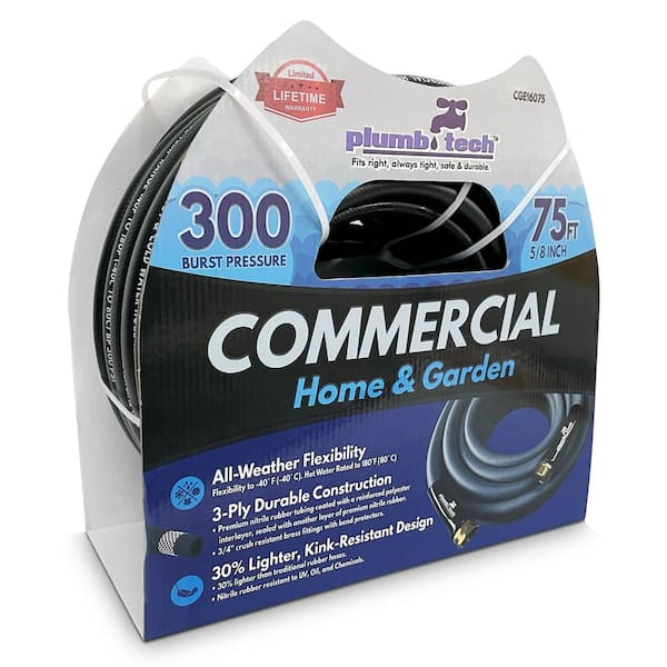 5/8 in. Dia. x 75 ft. Black Nitrile Rubber Commercial, Home and Garden, Multi-Purpose Hot/Cold Water Hose, BP 300 psi