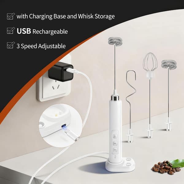 Numhew White Rechargeable Electric Milk Frother, 3-Speed