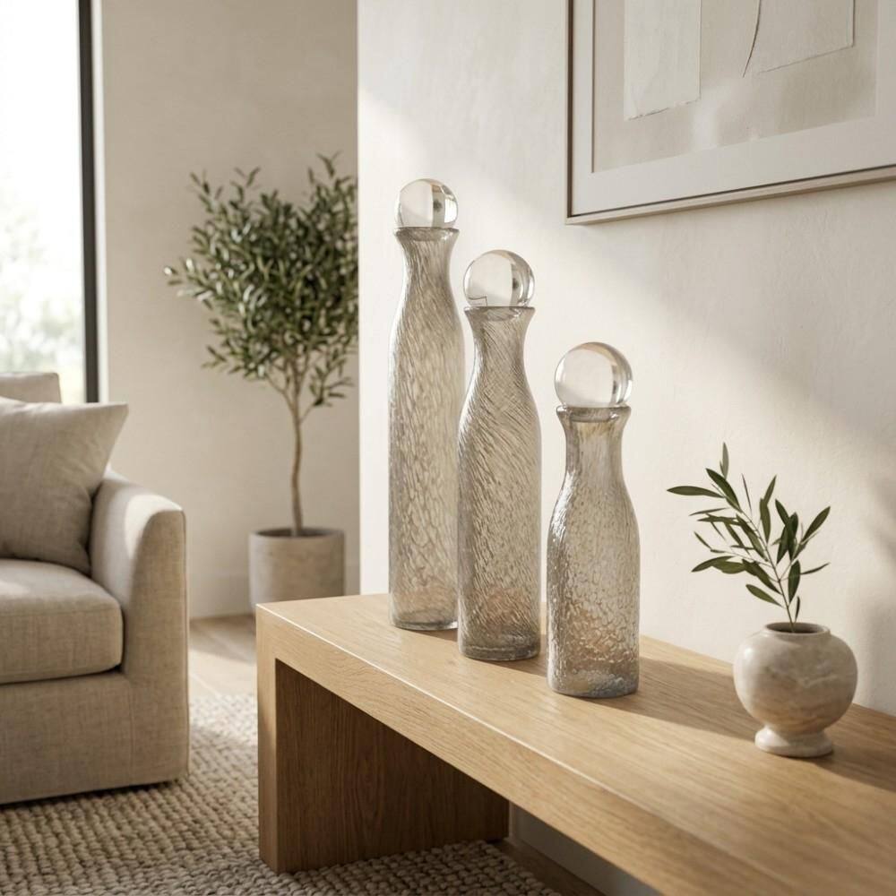Gray 3.7 in. x 14.7 in., 3.7 in. x 18.6 in. and 3.7 in x 22.2 in. Glass Sculptural Lidded Bottles (Set of 3) price history on PriceWatchPro