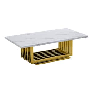 Magda 55 in. White Rectangle Marble Top Coffee Table With Gold Stainless Steel Base