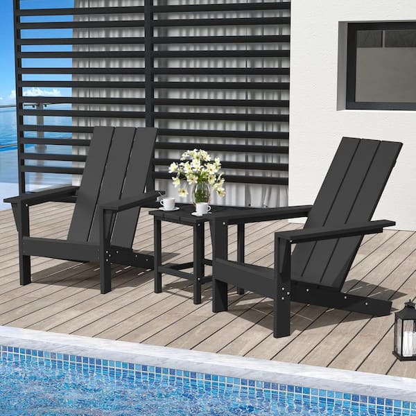 Halmuz 3-Piece Black Weather Resistant Classic HDPE Poly Plastic Outdoor Adirondack Chair Set with 2 Chairs and Side Table