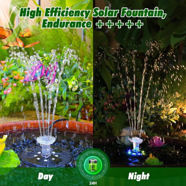Solar Water Fountain, Solar Water Feature with Nighttime Illumination, Colorful LED Lights Garden Waters Features Outdoor, Dynamic Visual Light