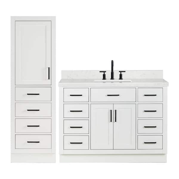 Hepburn 48 in. Single Sink Bath Vanity with Carrara White Quartz Top and Linen Cabinet in White