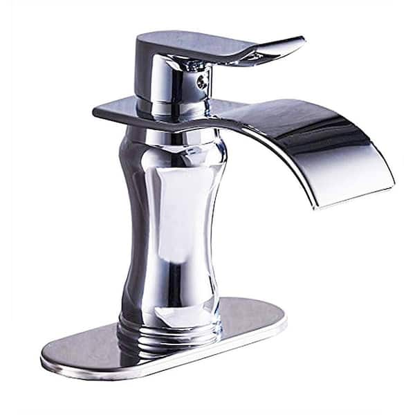 FLG Single Handle Single Hole Waterfall Bathroom Faucet Brass Sink Basin Taps with Deckplate Included in Polished Chrome