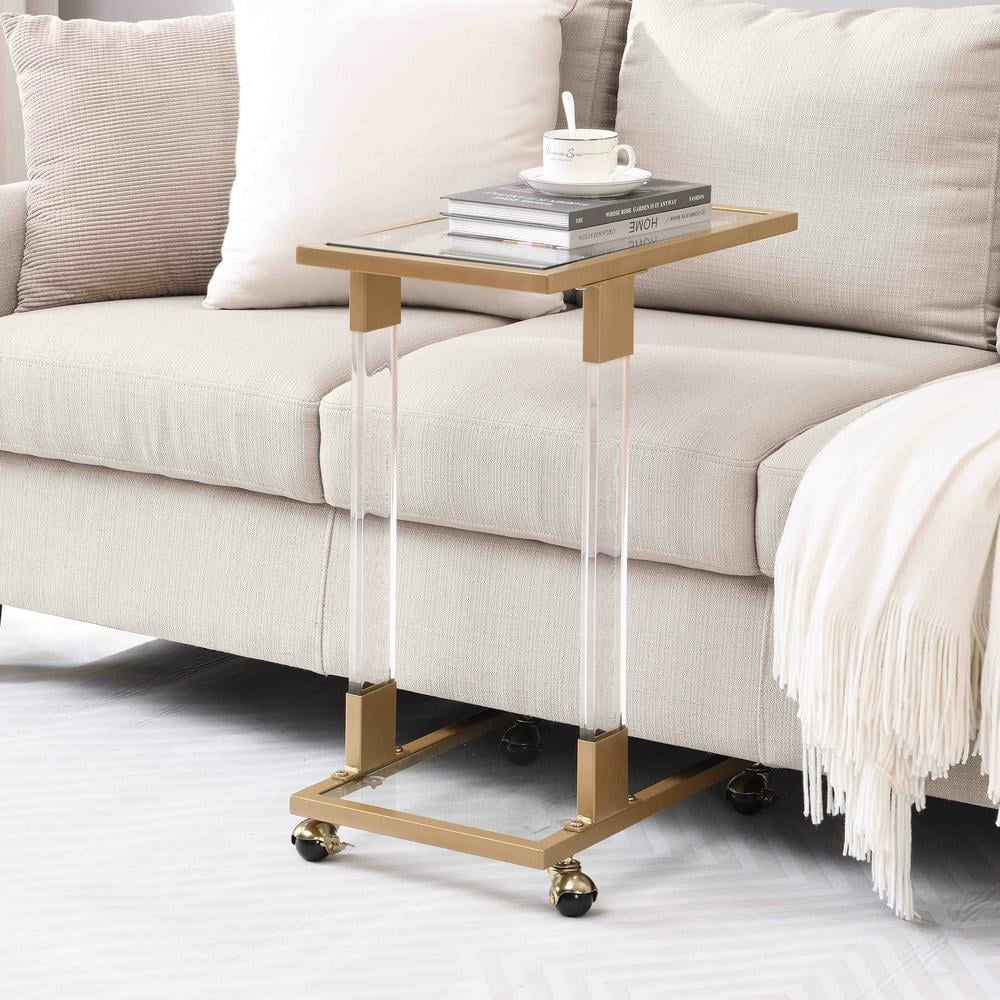 17.72 in. Golden Glass Top C Square Table with Metal Base, Acrylic Sofa Tab