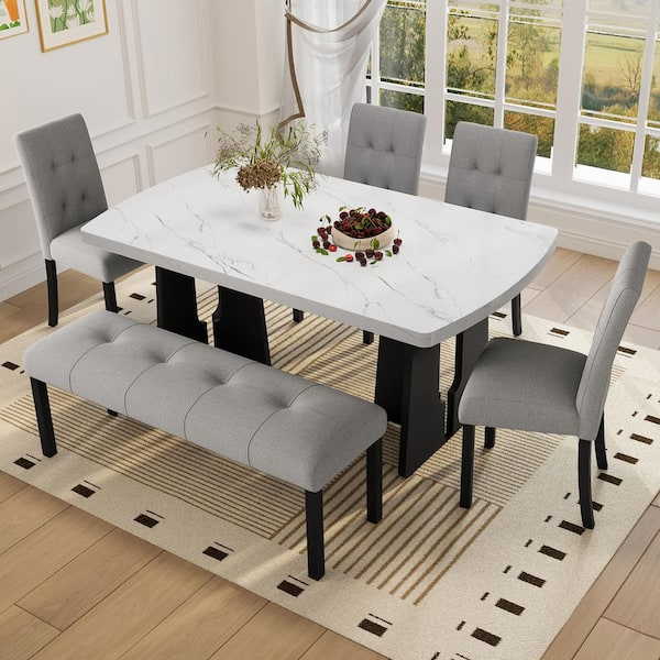 Turner Modern 6-Piece Rectangular White and Gray Faux Marble Top Dining Set Seats 6 with Upholstered Chairs, Bench